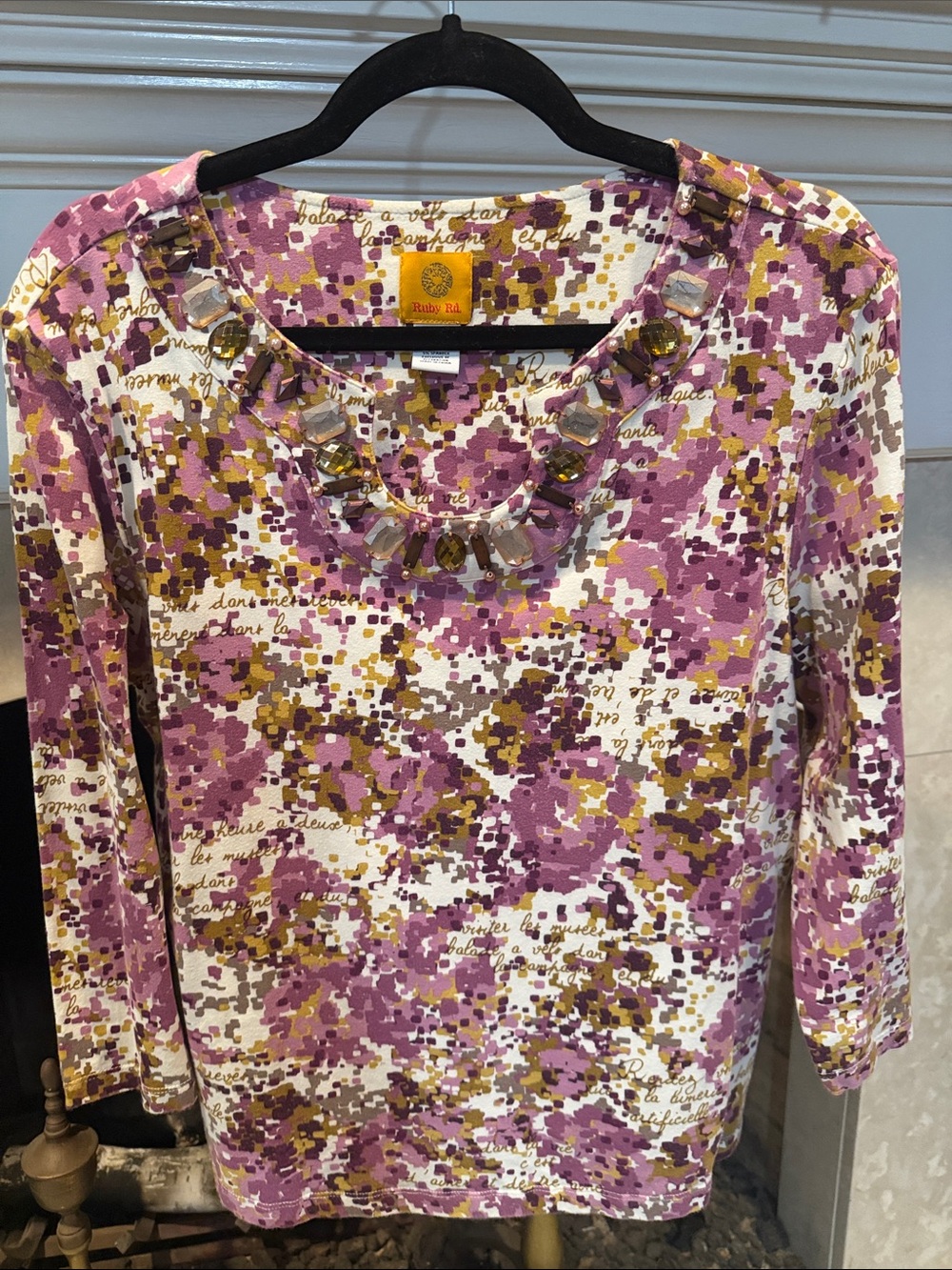 Ruby Rd. Purple and Gold Floral Print 3/4 Sleeve Top with Beaded Neckline XL